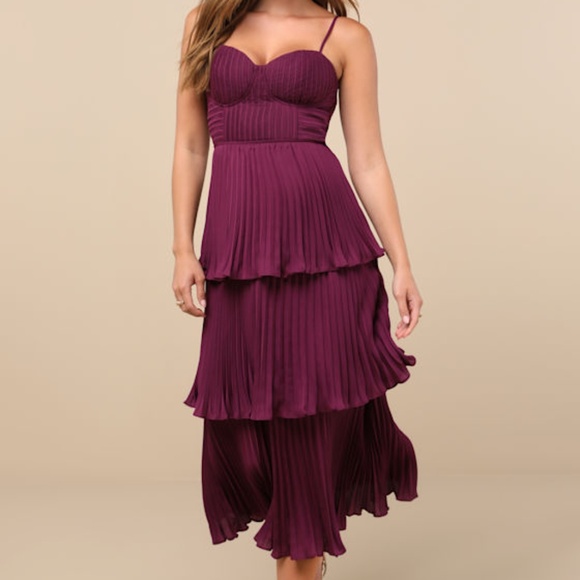 Lulus Cascading Crush Plum Purple Tiered Bustier Midi Dress - Size XS - Picture 1 of 2
